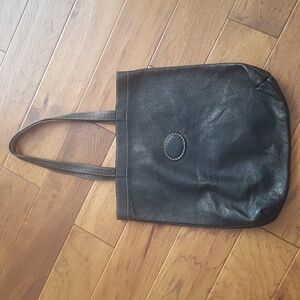Roots Pebbled Black Leather Bucket Tote Bag